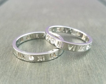 Silver Roman Numerals Hollow out Lucky Numbers Ring with crystal size 7, 8