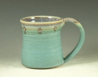 Ceramic mug with large Handle, turquoise, wheel thown (12oz)