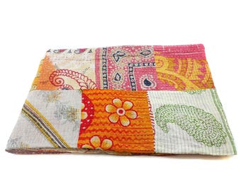 Kantha Quilt Indian Cotton Bedspread Bedding with running threads ,bed throw , twin bedding ,Cotton Bedspread Saree Throw Bedding Cover