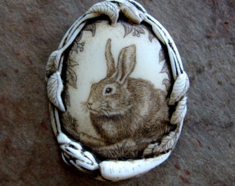 bunny rabbit pin/pendant carrot wildlife scrimshaw technique