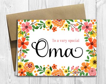 To a very special Oma - Mother's Day / Birthday / Any Occasion - 5x7 PRINTED Greeting Card - Spring Flowers Floral Notecard