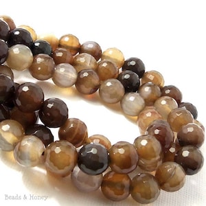 Fired Agate Bead, 8mm, Dark/Light Brown, Coffee Brown, Round, Faceted, Gemstone Beads, 15 Inch Strand - ID 2269
