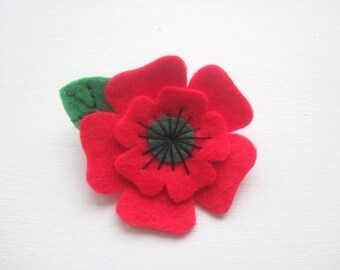 Poppy Brooch Felt, Christmas Felt Flower Brooch, Remembrance Day Poppy Appeal Brooch with leaf
