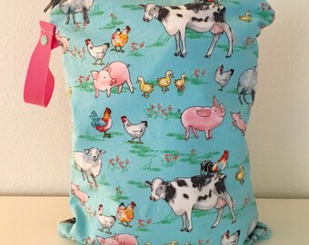 Animal farm wet bag, wet bag, animal bag, diaper bag, toddler bag, large wet bag, diaper bag