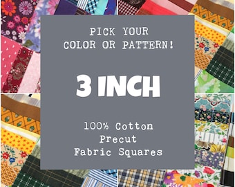 3 Inch Precut Fabric Squares, 100% Cotton, Pick Your Color or Pattern, 10 Quilt Squares