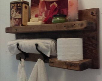 Rustic distressed bathroom shelf, towel and robe hanger, bathroom storage, decor, re-claimed wood, weathered barnwood