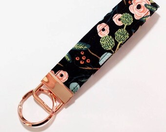 New Black and rose gold flower Rifle Paper Co Key Fob Travel Key Fob Wristlet Key fob key holder key fob unique keychain key chain key strap