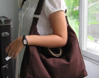 Sale - Chocolate Cotton Twill Hobo Bag - Shoulder bag, Diaper bag, Messenger bag, Tote, Travel bag, Women - ANGELA