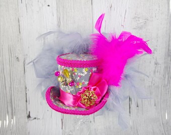 Pink, Yellow, and Gray Rosette Medallion Medium Mini Top Hat Fascinator, Alice in Wonderland, Mad Hatter Tea Party, Derby Hat