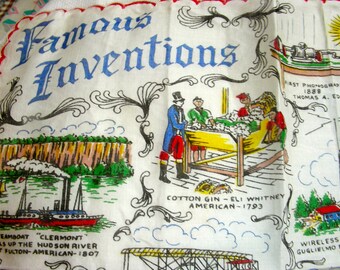 Vintage Historical Novelty Handkerchief Hanky Hankie // FAMOUS INVENTIONS