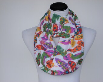 Feather print Scarf Purple Green Orange Yellow Infinity Scarf Autumn Colors Scarf jersey knit Scarf Bohemian Scarf Loop Scarf Circle Scarf