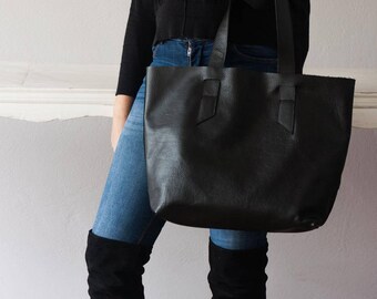 Black pebbled leather tote bag, raw edge shopper simple purse unlined bag shoulder large market everyday tote bag - Calisto bag