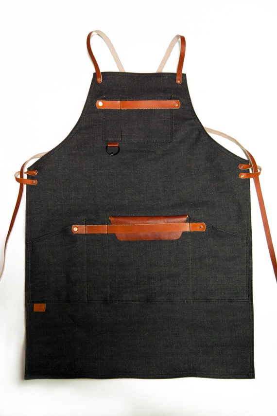 Download Shop Apron with Cross Back Strap Denim Raw Denim 14oz