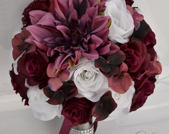 Wedding Bouquet, Silk Flowers, Bridal Bouquets, Wedding Decoration, 17 Piece Package, MARSALA, SANGRIA, BURGUNDY, Silver, Lily of Angeles