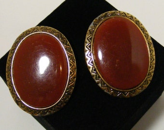 Vintage Carnelian Lucite Aztec Inspired Clip Earrings