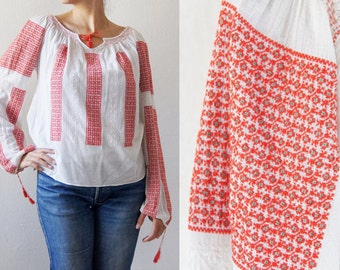 Vintage Romanian blouse ,Red white Embroidery ,hand made Embroidery, Balkan Folk blouse, white embroidered blouse, size M ,Free shipping