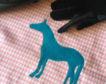 Pink and White Houndstooth Equestrian Helmet Bag with Appliqued Turquoise Wool Thoroughbred Horse