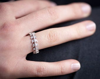 Sterling Silver Laurel Leaves Ring, Silver CZ Leaf Ring, Silver Branch Ring,