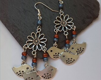 Flower and bird earrings