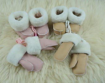 shoes boots gloves fur wool set newborn kids winter set shoes boots gloves 100% real leather sheep's wool traditional manual work handmade