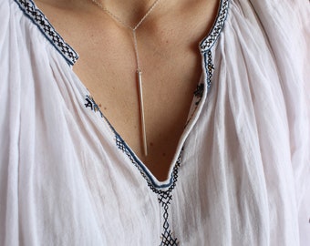The Choker necklace with sterling silver vertical bar pendant, necklace bar, crew neck long bar