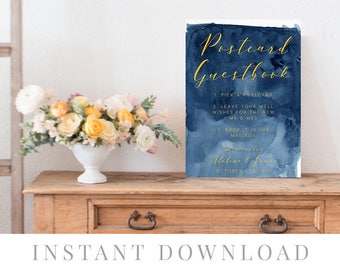 Postcard Guestbook Sign, INSTANT DOWNLOAD, Printable Wedding Guestbook Sign, DIY Rustic Wedding Sign, Guestbook Sign - Plush Navy