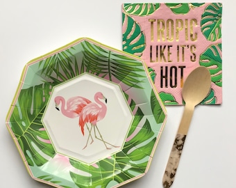 Flamingo plates - flamingo dessert plates - flamingos tropical party decorations-bridal shower- baby shower -flamingo party - luau confetti