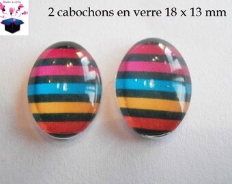 2 cabochons glass 18mm x 13mm theme stripe