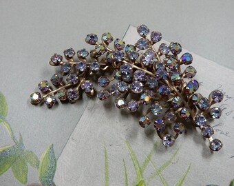 Beau Jewels Floral Spray Brooch w/ Aurora Borealis Rhinestones ODQ34