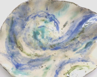 Abstract Contemporary Ceramic Centerpiece Tray Blue White Teal Clay Art Vessel Decorative Pottery Dish Hand Built Statement Piece
