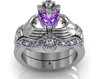Claddagh Ring - Amethyst Sterling Silver Love and Friendship Engagement Ring Set