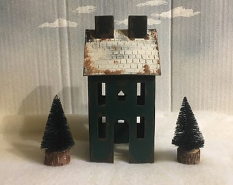 Primitive Tin House and Bottle Brush Trees Set
