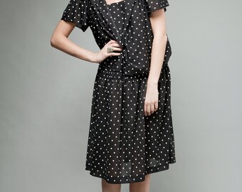polka dot dress, black white dress, sailor collar dress, drop waist dress, vintage 80s XL plus size 1X