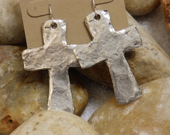 Silver hammered cross earrings