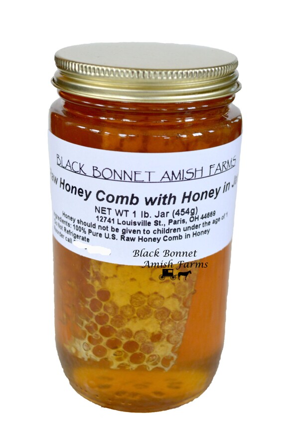 100 Pure Raw Chunk Honey Comb in Jar of Raw Honey 1 lb.