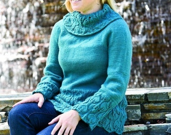 Instant Download pdf Hand Knitting Pattern - Leafy Cowl Sweater