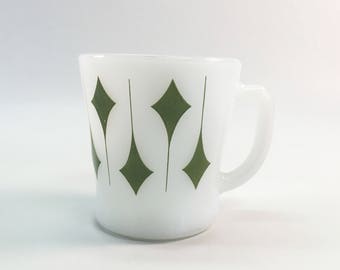Vintage Milk Glass Mug Green Diamonds Anchor Hocking Fire King
