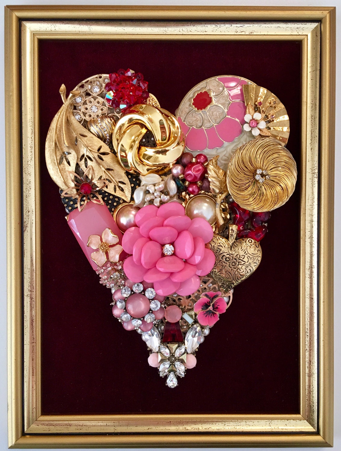 Beautiful Vintage Jewelry Framed Art Handmade Heart