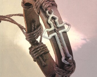 Leather and Rope Christian Bracelet with Brass Cross