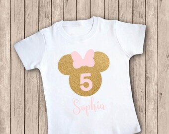 Minnie Mouse Birthday Shirt Iron On, Five Birthday Shirt, Fifth Birthday Iron-On, Pink and Glitter Gold, Birthday Iron On