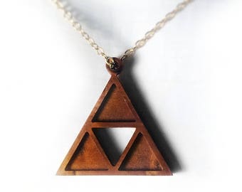 Wooden triangle necklace, triangle pendant necklace, gold plated chain necklace