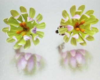 Vintage Enamel Mum Earrings Chartreuse Purple