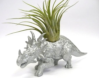 Silver Styracosaurus Dinosaur Planter with Air Plant // Coworker Gift // For Her // For Him
