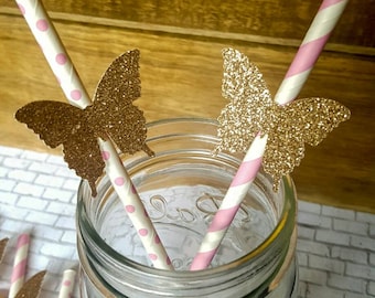 Butterfly Party, Pink and gold paper straws, Butterfly Straws, Birthday party , First birthday, Bridal shower , QTY 10
