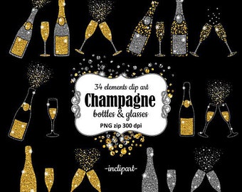 Champagne Clipart. Bottles & glasses glitter overlay clip art. Gold and silver glitter clipart. Instant digital download. PNG format.