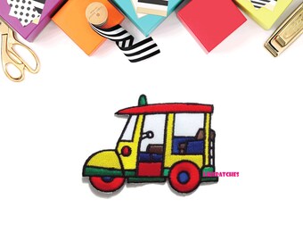3 Wheels Motorcycle Thailand Patch - Yellow Took Took Thailand - Yellow Car New Iron On Patch Embroidered Applique Size 8.6cm.x6.2cm.