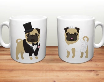 Pug Coffee Mugs - Wedding Pugs Ceramic Mugs - Pug Lover Wedding Gift - Pug Mugs - Set of 2 Mugs - Pug Lover Gift - Pug Wedding