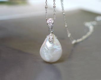 Baroque Coin Drop Pearl Pendant | Large White Freshwater Pearl | CZ Pavé Rhodium Sterling Silver Pendant Necklace | Bridal | Ready to Ship