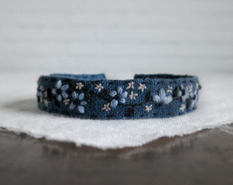 Blue Flower Bracelet, Floral Bracelet, Embroidered Bracelet, Cuff Bracelet