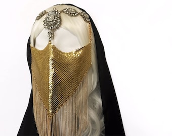HEBA— Gold Mesh Face Veil, headchain, headpiece, crown, mask, arabian, masquerade, headpiece, costume